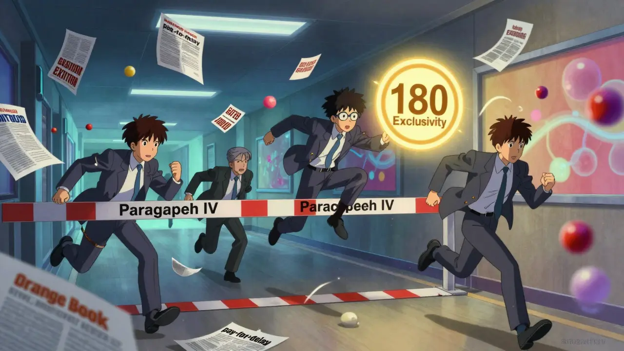 Generic drug companies racing through a neon FDA hallway to file a Paragraph IV application, with patent dates flying around them.