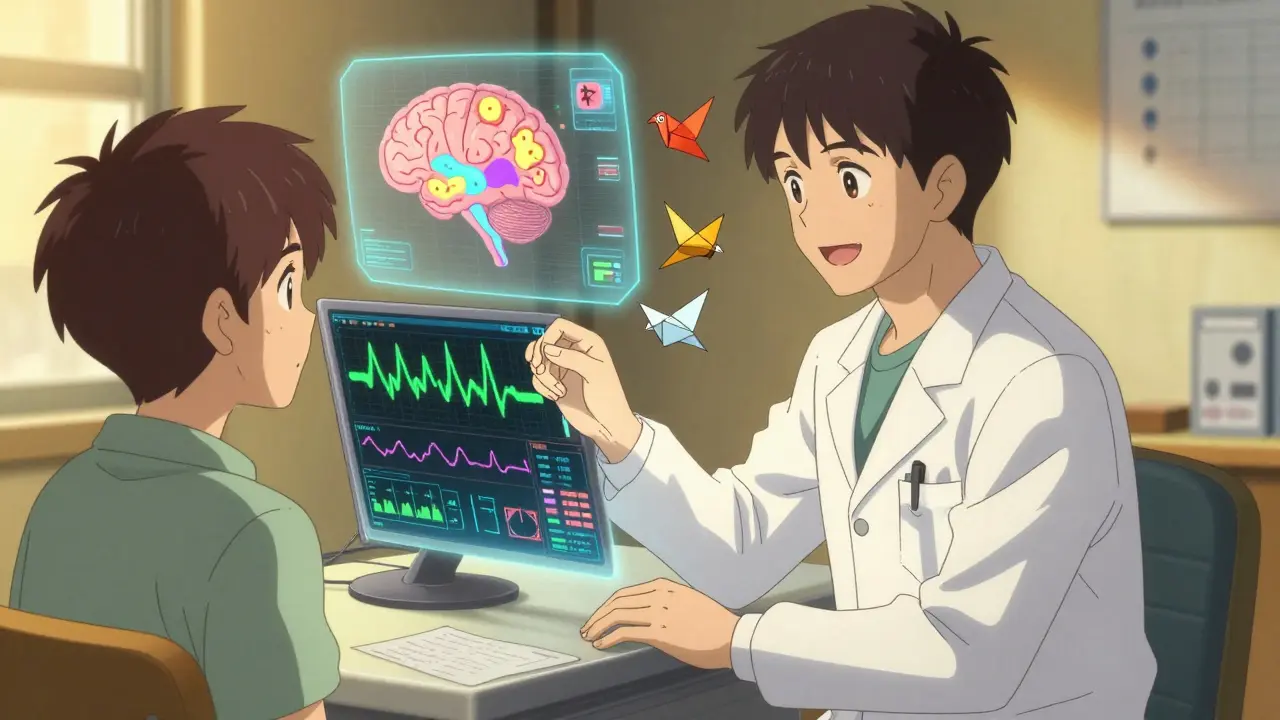 Neurologist and patient viewing holographic brain maps showing seizure types, AI interface with colorful waveforms.