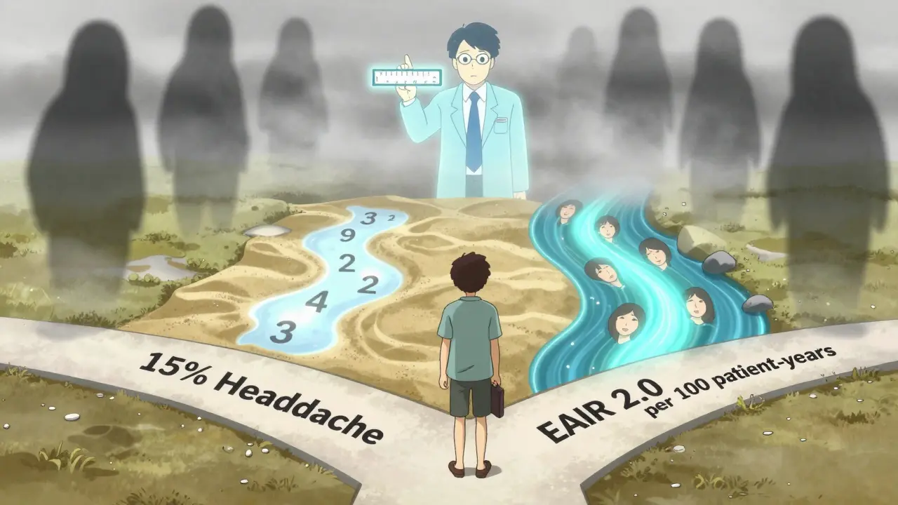 Patient at a crossroads between shallow percentage and deep time-based risk river, watched by an FDA inspector.