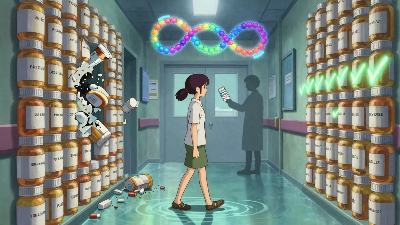 Patient walking through corridor of shifting pill bottles, with genomic helix above in anime style.