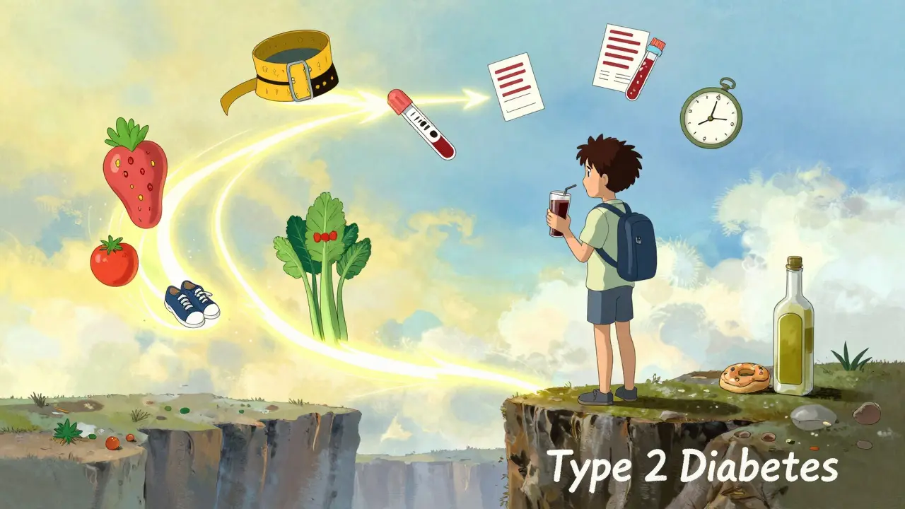 Person at cliff's edge looking back at unhealthy habits, with a hopeful path of healthy choices behind them.