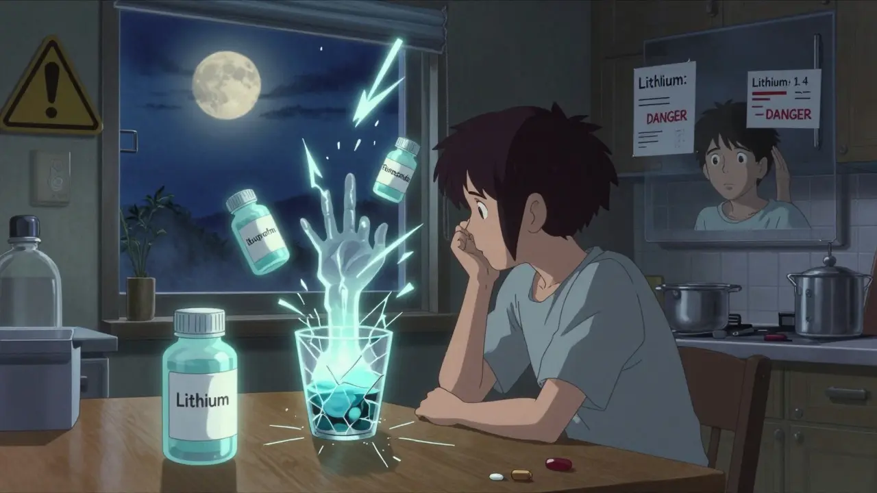 Person at kitchen table surrounded by floating medication bottles, with lithium levels glowing dangerously above.