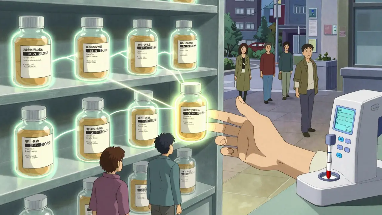 Pharmacy shelf with glowing black box warnings connected to people in a city, one bottle guiding to a blood test.