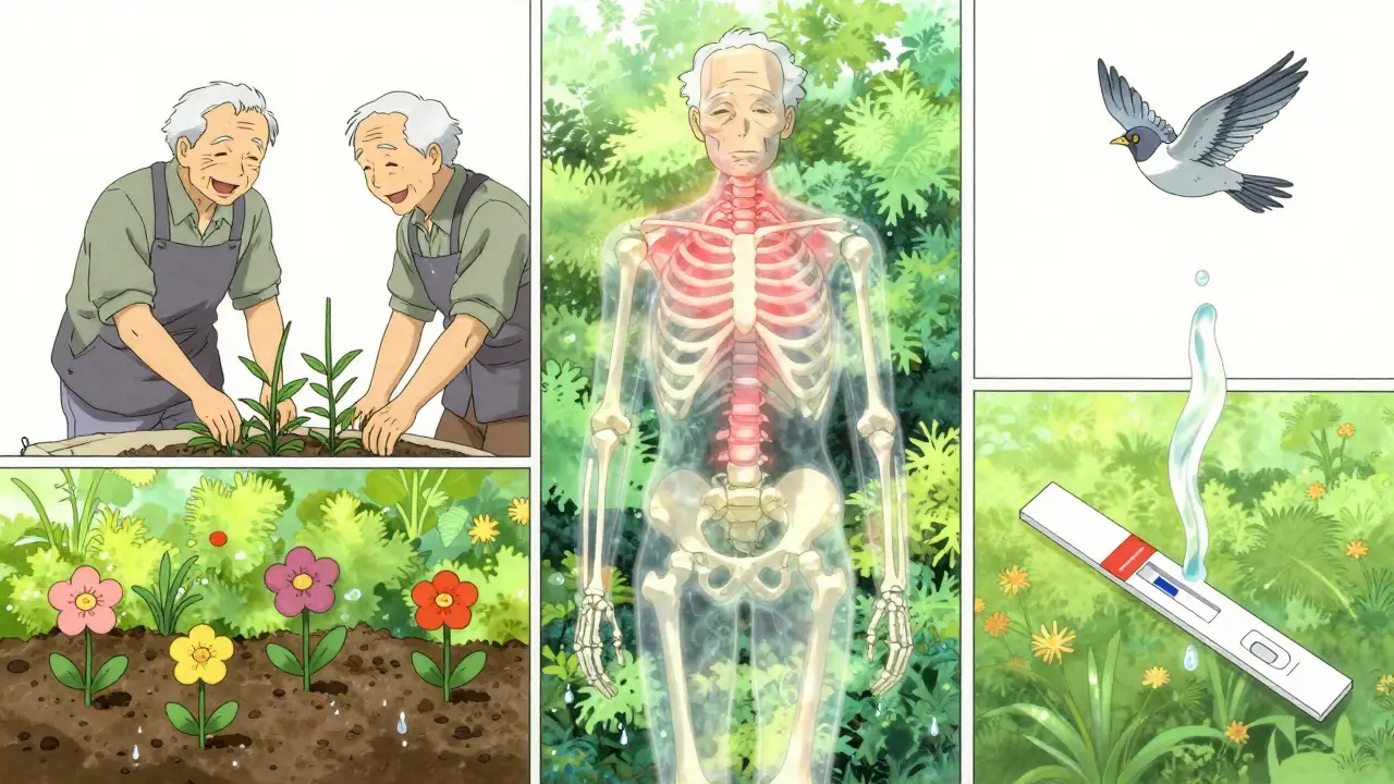 Senior’s daily life shown in surreal panels, with opioid pathways and a urine test turning into a bird.
