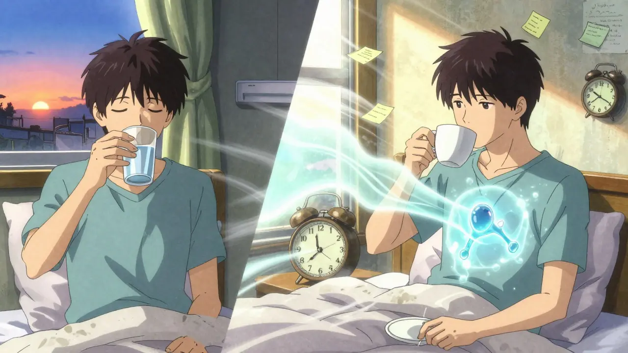 Split scene of taking thyroid medication at dawn and drinking coffee later with glowing hormone energy.