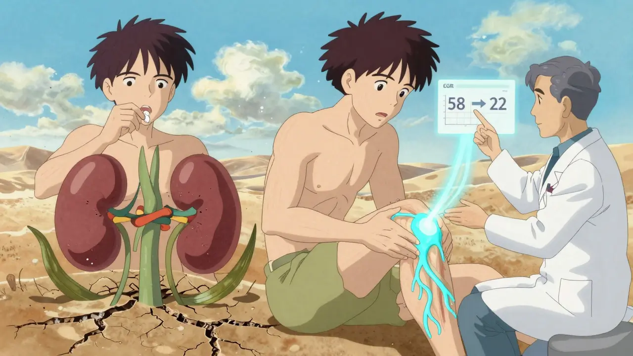 Split scene: one side shows a desert representing kidney failure from pills, the other shows healing blue light from topical gel.