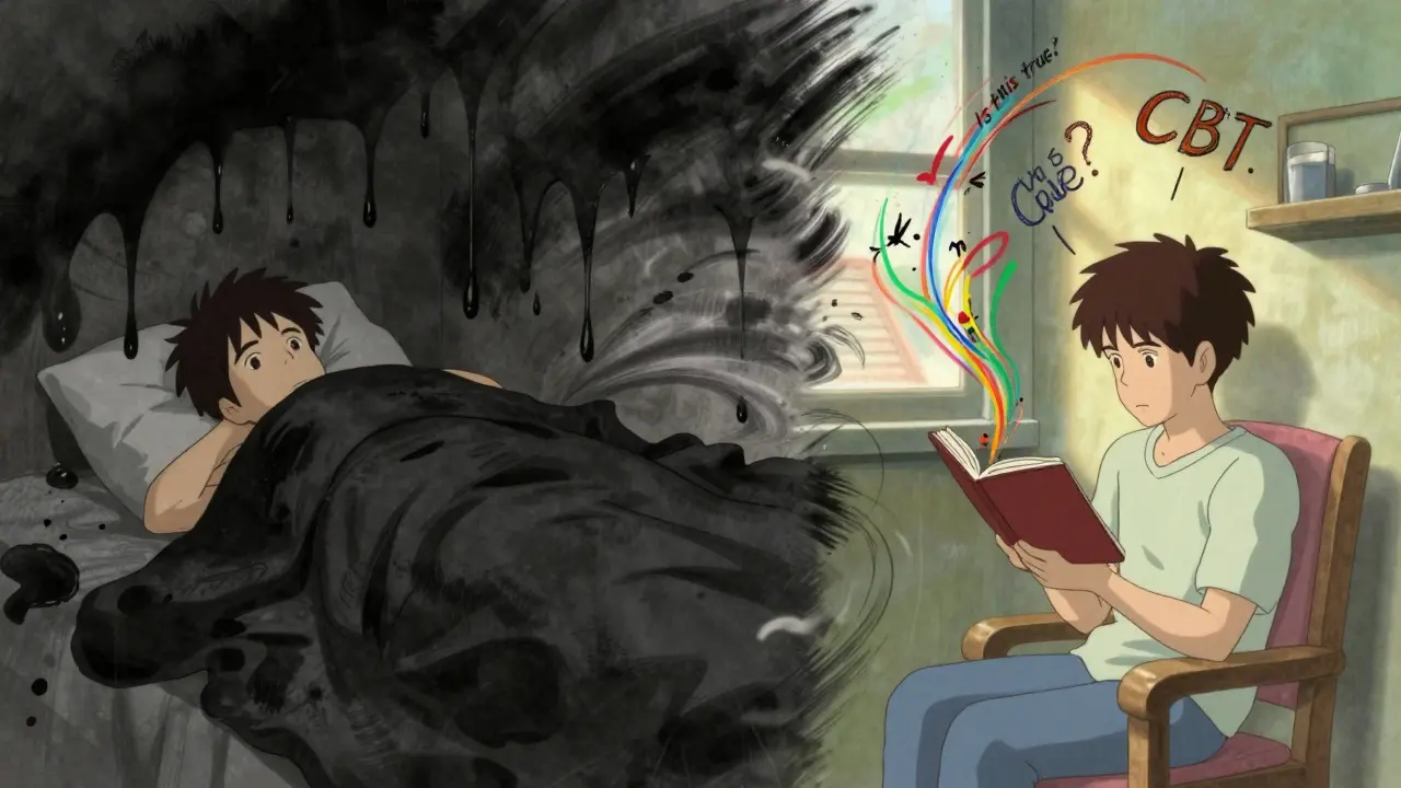 Split scene showing someone trapped under a dark blanket on one side, and journaling with hopeful thoughts on the other.