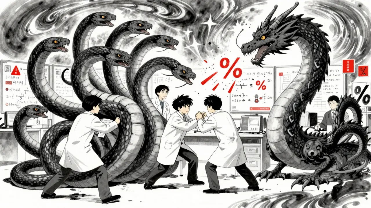 Statisticians battling writhing EIR snakes and EAIR dragon amid exploding equations and warning signs.