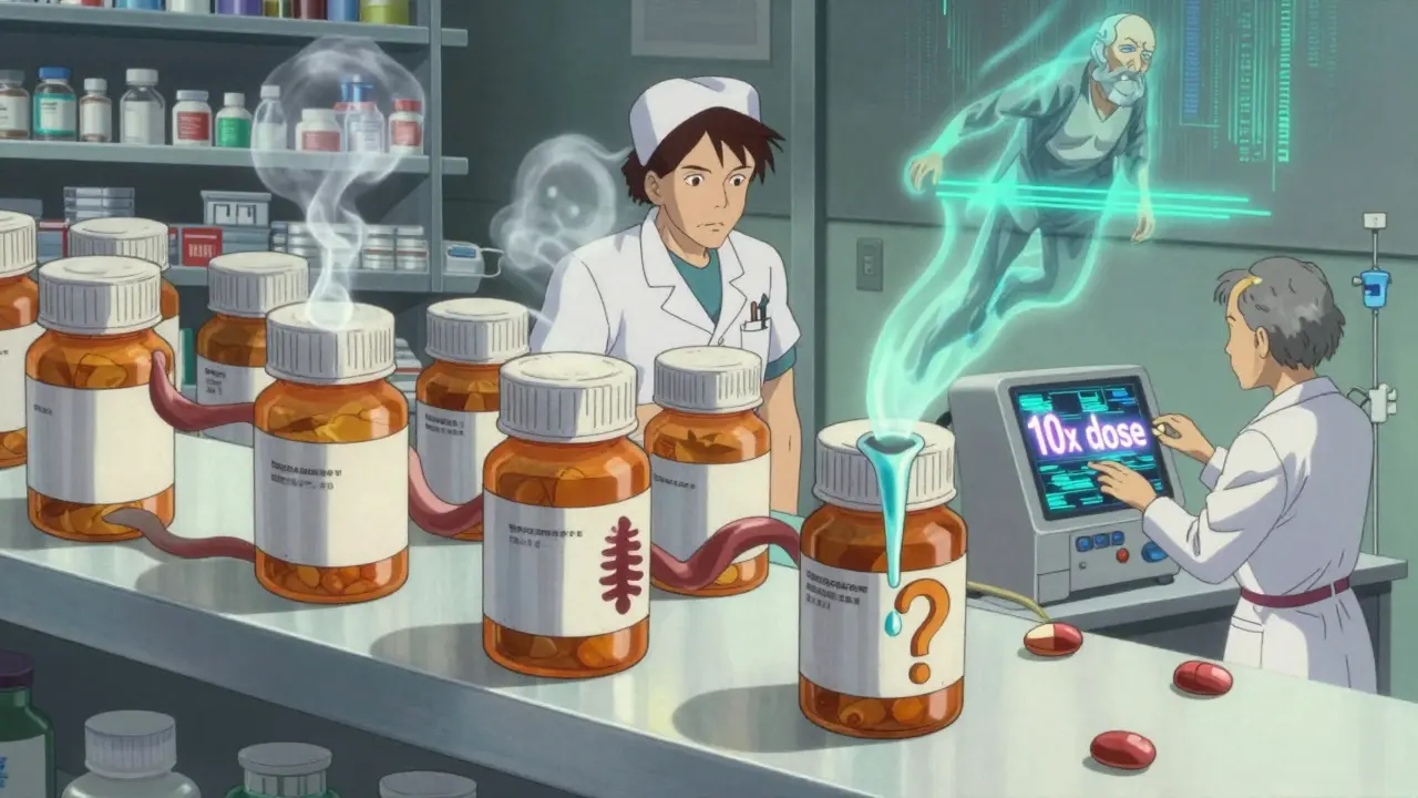 Twisting pill bottles leaking fentanyl and insulin, with a nurse facing a faulty infusion pump.