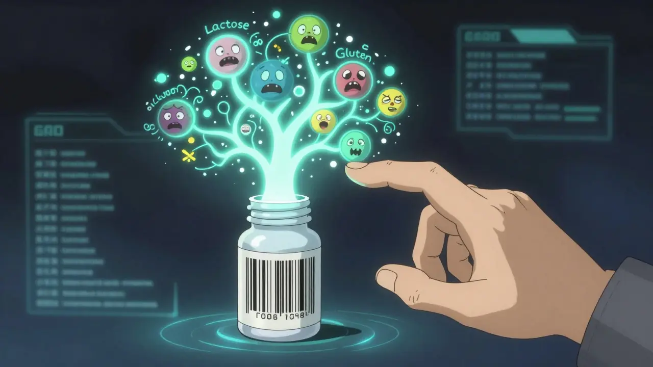 A barcode projecting a chaotic tree of allergenic excipients from a pill bottle, glowing with future-tech light.