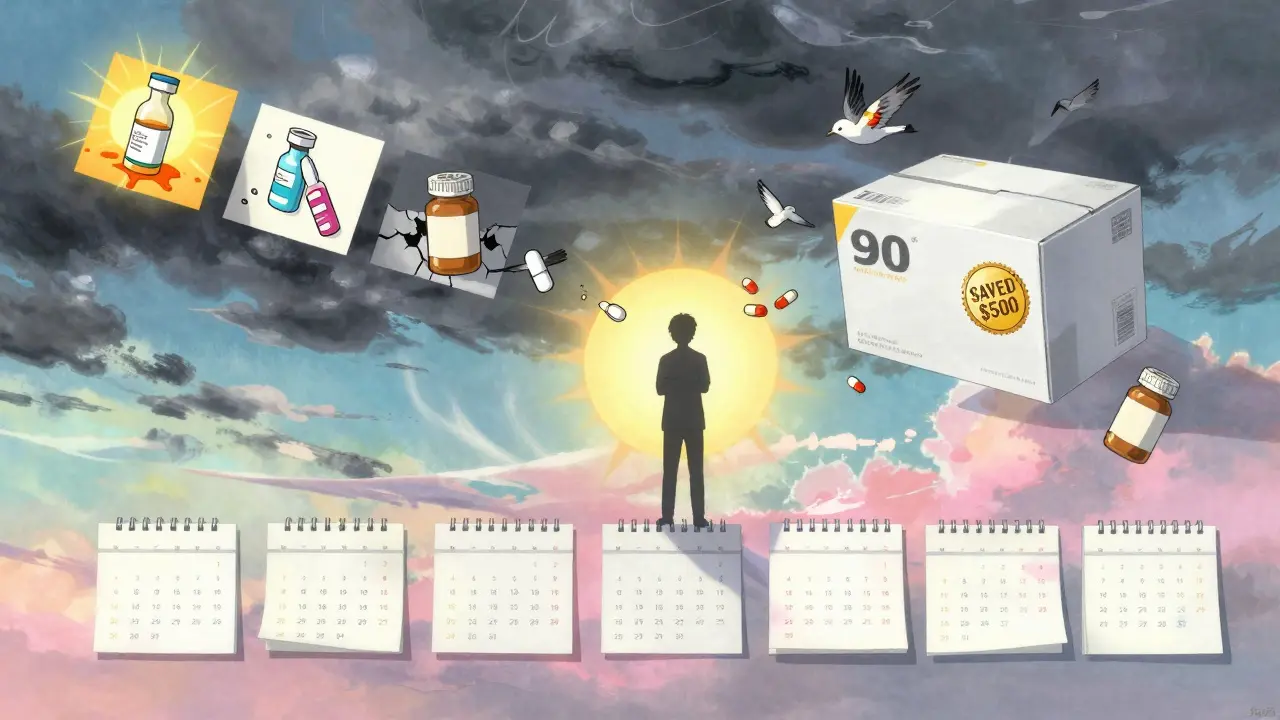 A calendar flips through months showing medication risks and savings, with pill bottles flying like birds toward a sun.