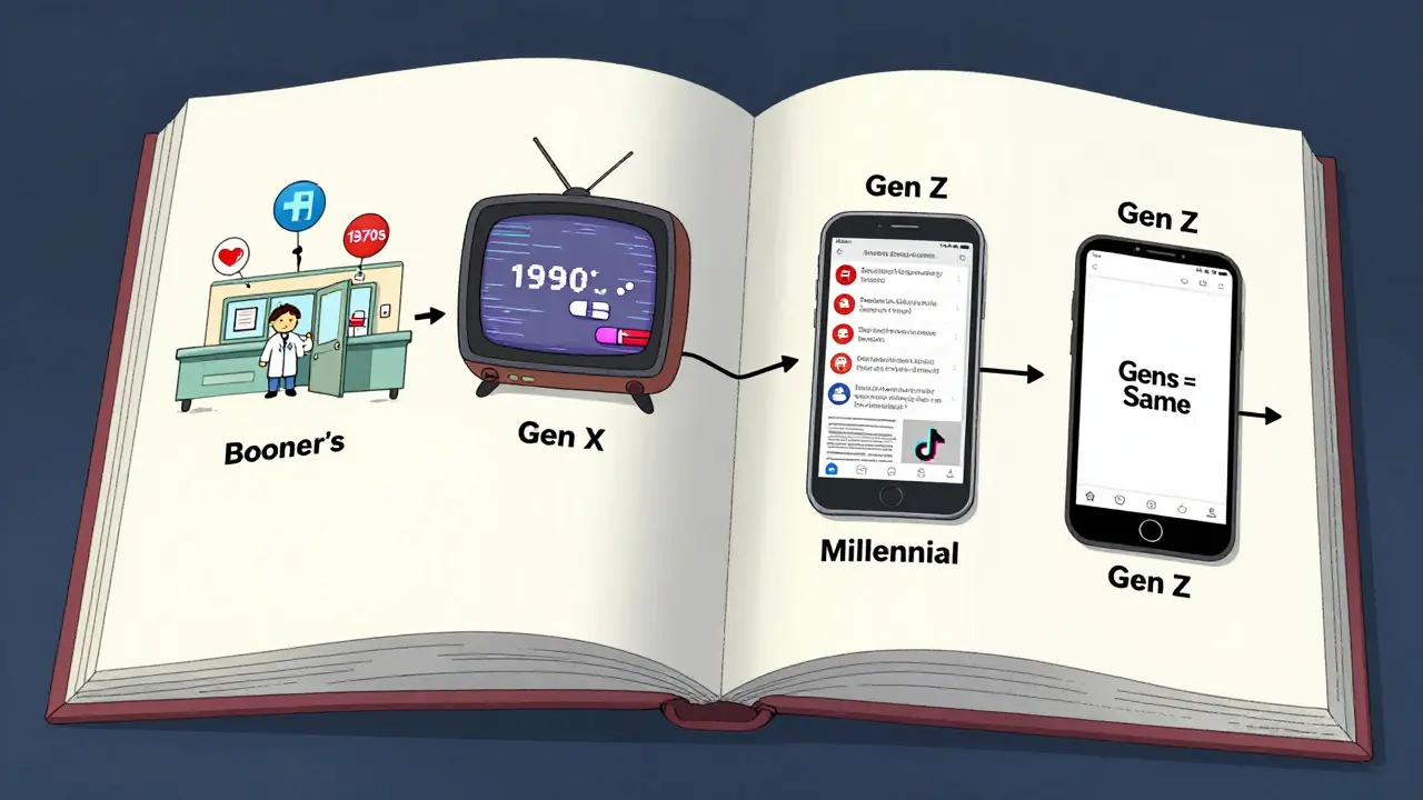 A floating textbook showing generational memories of medications as surreal visual landscapes.