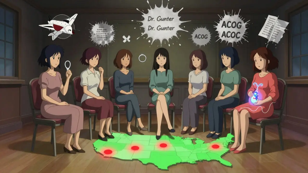 A group of women holding symbols of their birth control choices, with glowing IUD and fading patch and ring in a surreal room.