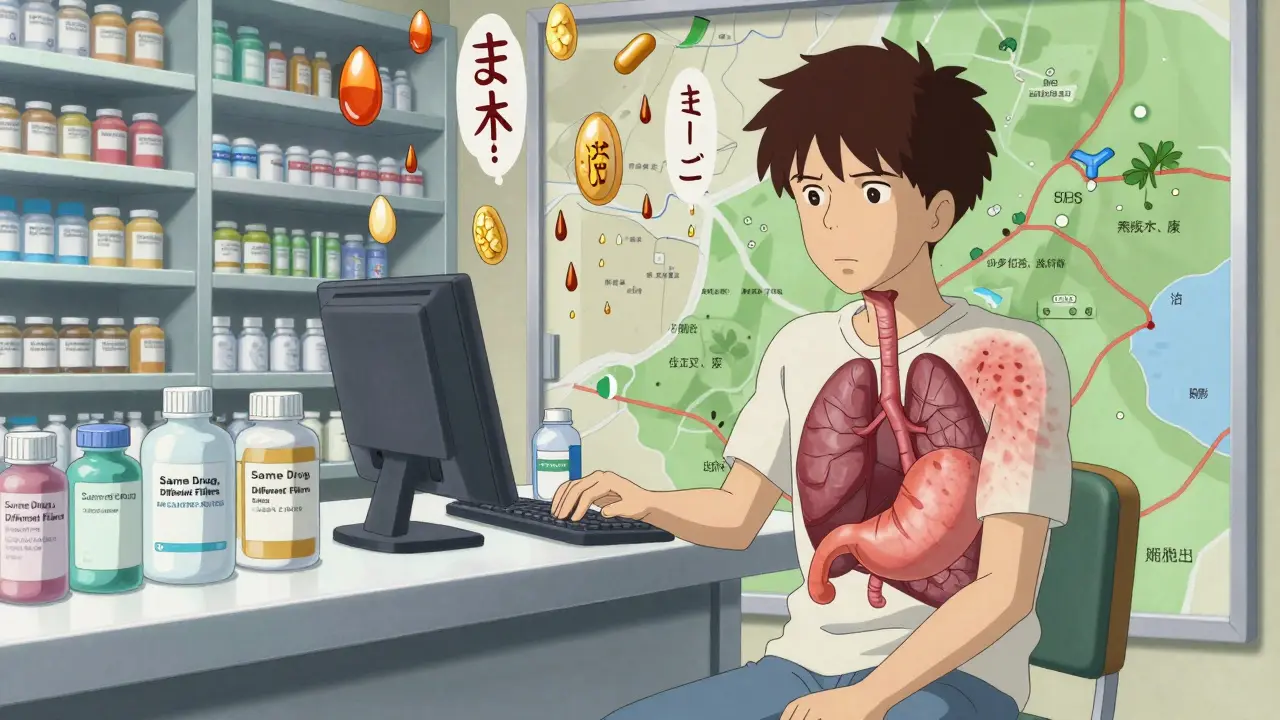 A patient's body reacting to hidden pill ingredients as glowing excipients rain down in a pharmacy.