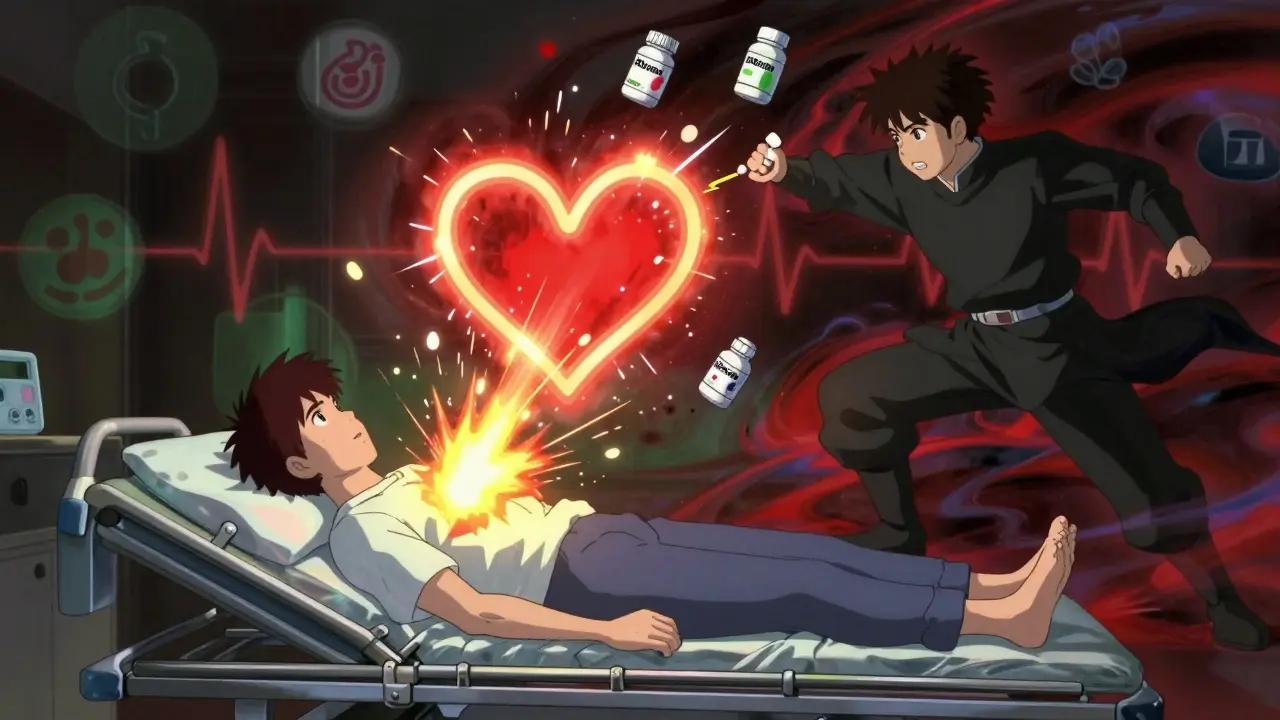 A patient surrounded by exploding potassium ions and medical symbols in a chaotic, glowing scene.