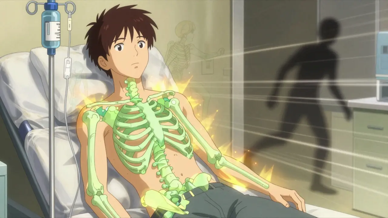 A person receiving a yearly IV infusion as glowing bone cells rebuild their skeleton, with fading fracture shadows and receding steroid pills in the background.