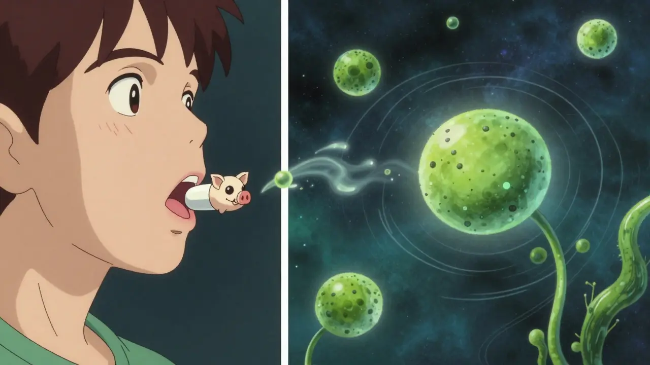 A person swallowing a pill that transforms into a pig skull or algae spore in split vision.