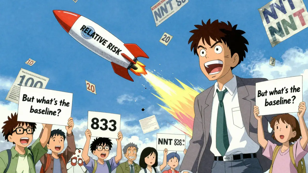 A pharmaceutical executive launches a 'Relative Risk' rocket into a sky filled with floating NNT numbers and fragmented headlines, people below holding questioning signs.