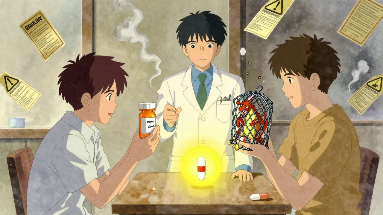 A pharmacist mediating between dangerous drug interactions, with symbolic dragons and cages.