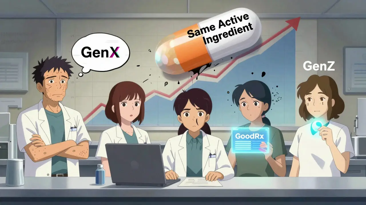 A pharmacist surrounded by four stylized patients, each representing a generation's trust in generic drugs.