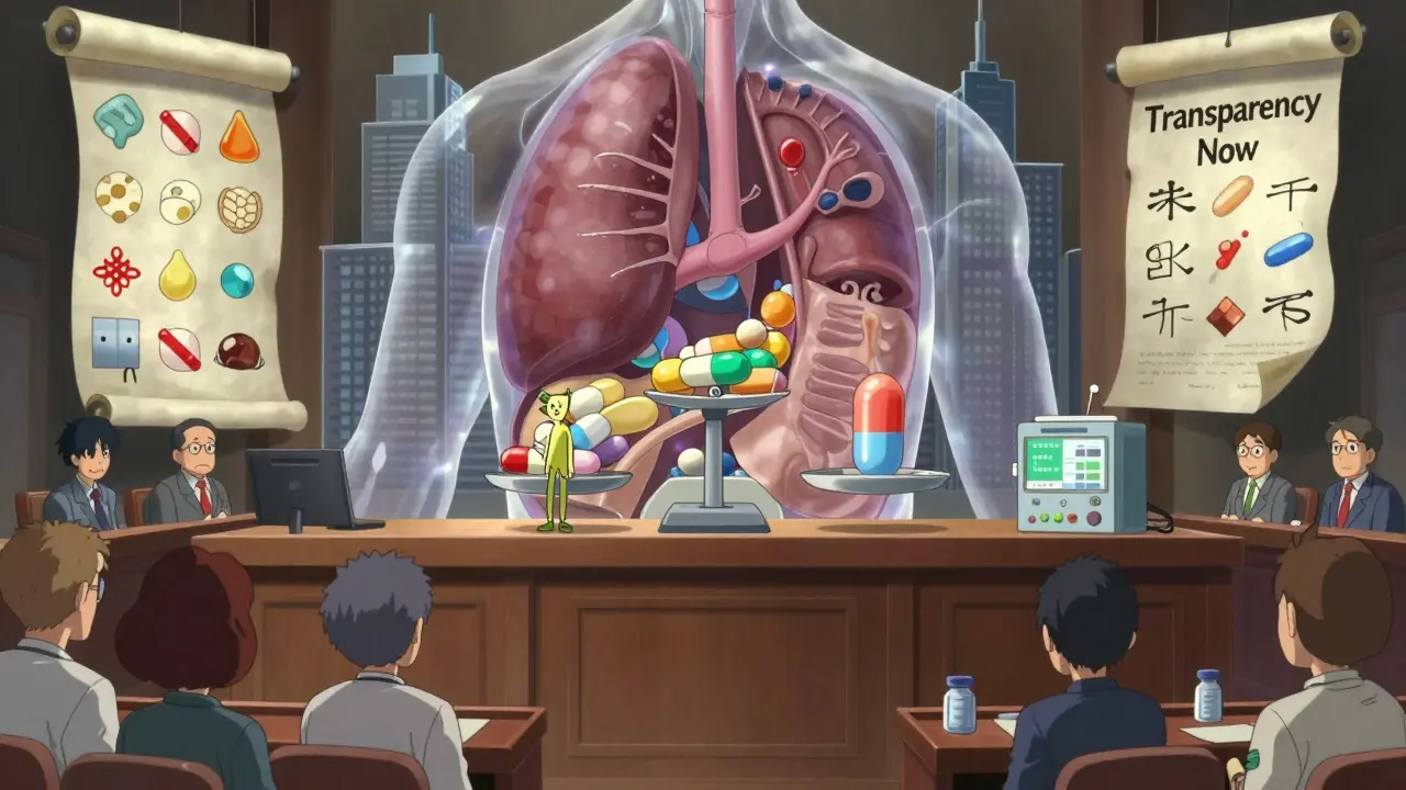 A surreal courtroom inside a human body where pills debate animal-derived ingredients.