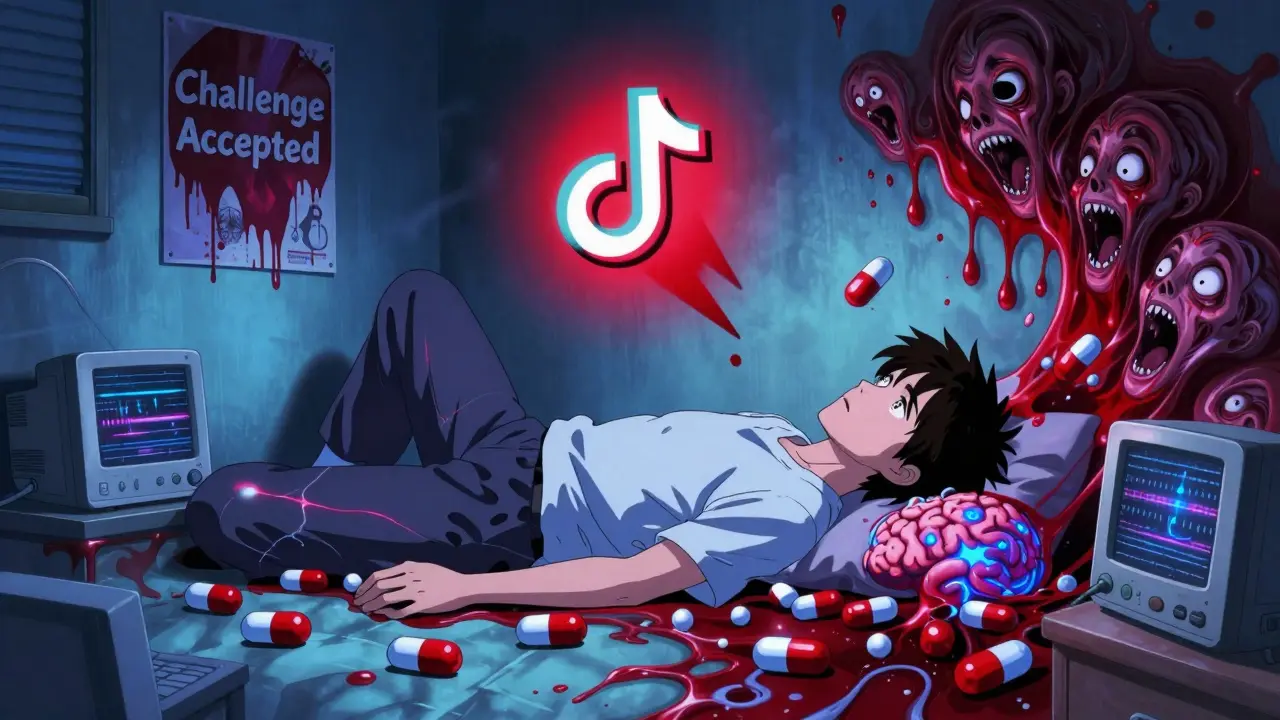 A teenager on the floor surrounded by morphing Benadryl capsules, TikTok logo glowing above as his body dissolves into abstract shapes.