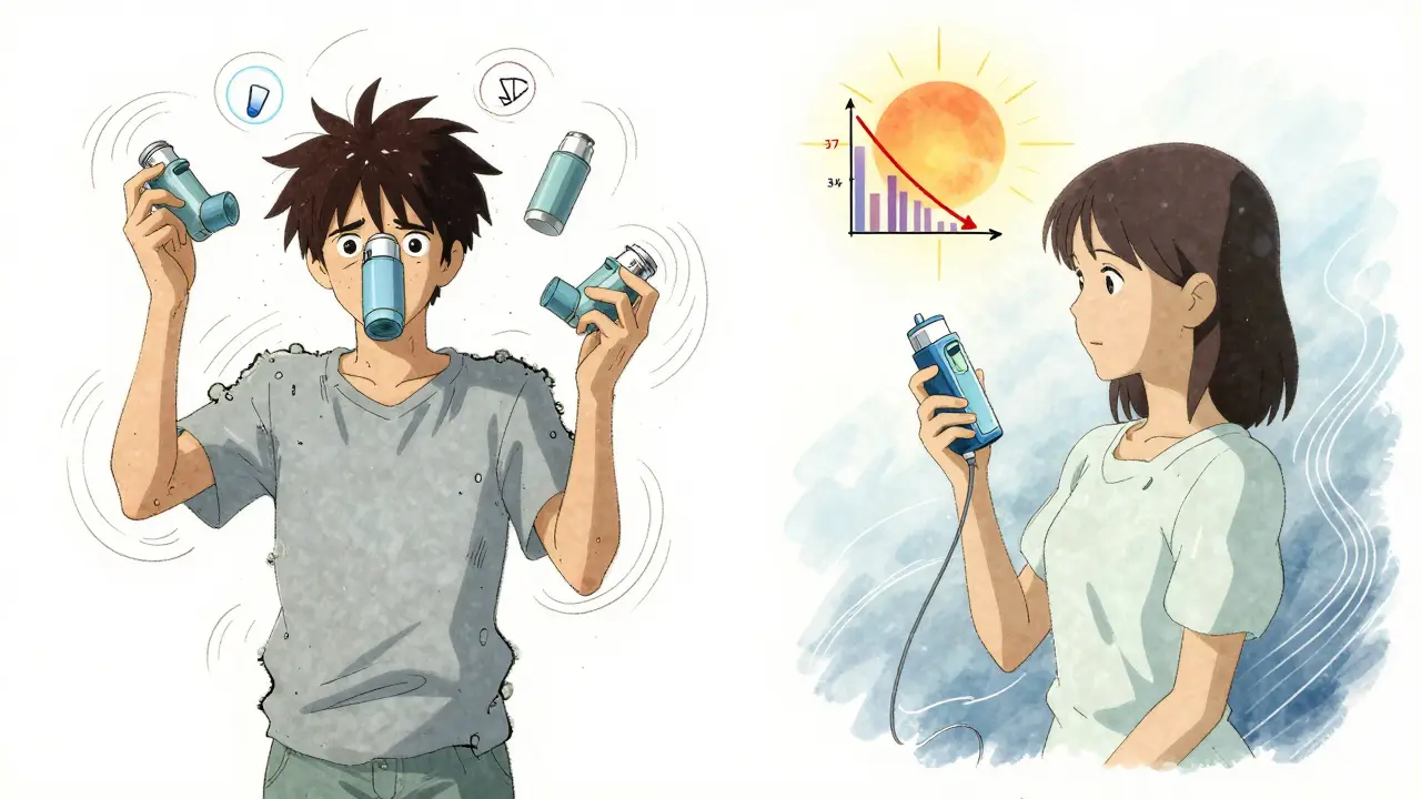 Contrasting scenes: one patient overwhelmed by multiple inhalers, another calm with one device.