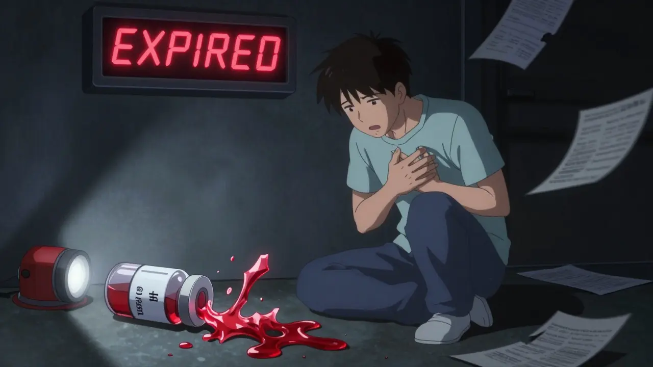 Diabetic person beside shattered insulin vial, glowing fibrils on floor, emergency light casting shadows.