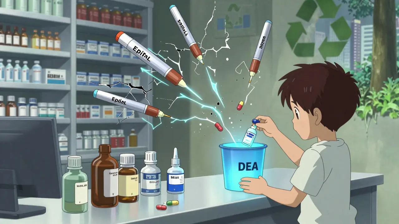 Floating expired medications decaying in air, child dropping one into safe take-back bin with blue glow.