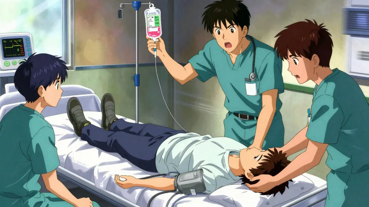 Person lying flat with legs elevated, paramedics rushing to assist in hypotension emergency.