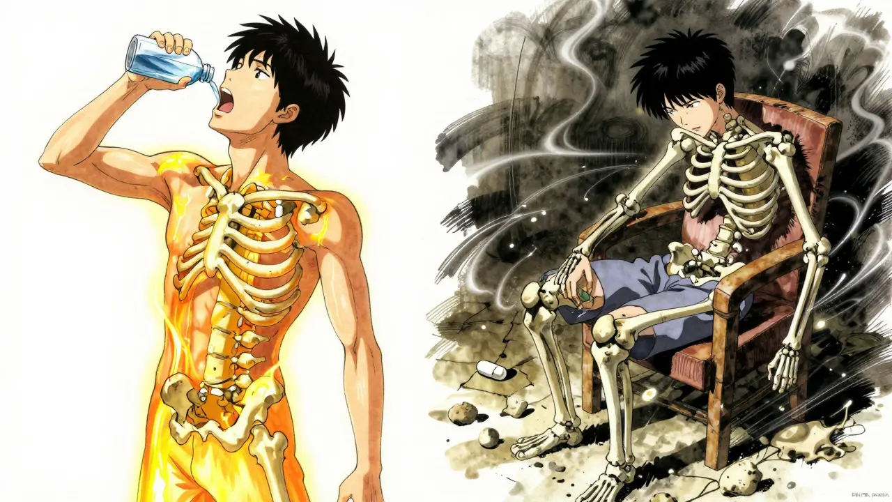 Split scene showing one person reinforcing their bones with bisphosphonate treatment versus another neglecting it, with dramatic bone decay and repair visuals.