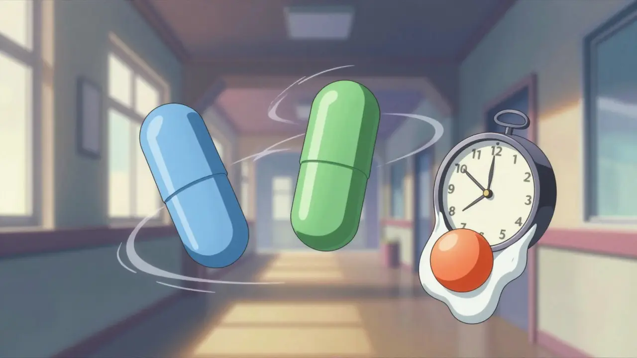 Three pills with melting clocks showing 24h and 48h separation times for nitrates.