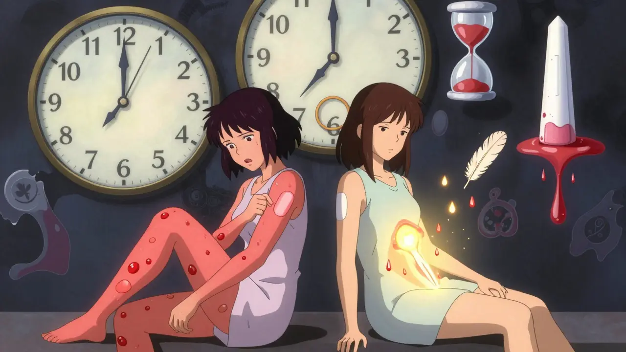 Two women side by side—one with skin irritation and blood clots, the other with a glowing IUD turning period blood into feathers.