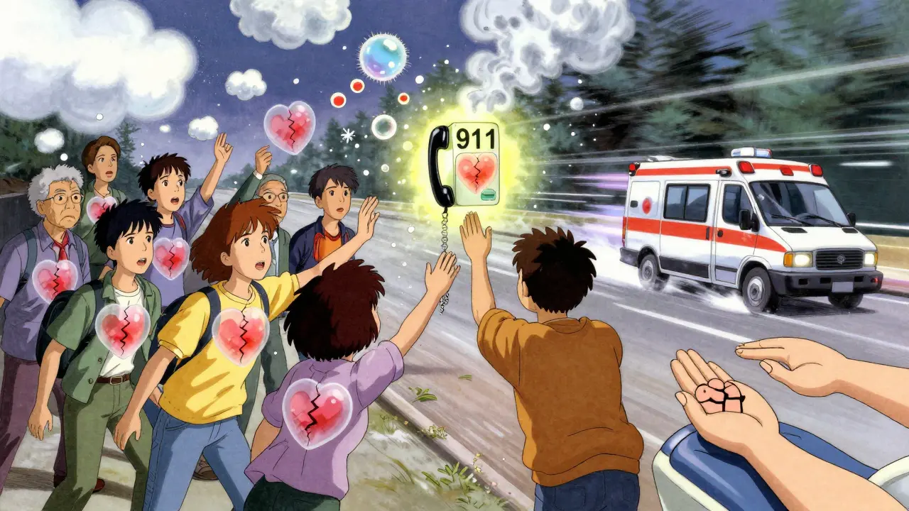 A group of diverse people reaching for a glowing 911 button, with cracked hearts and dissolving misdiagnosed symptoms around them.