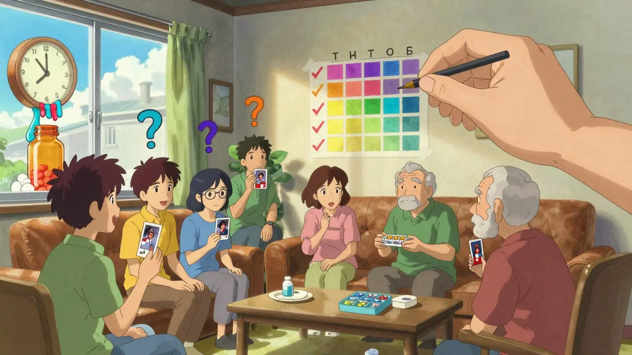 A group of people create a color-coded pill schedule with floating icons, symbolizing medication safety.