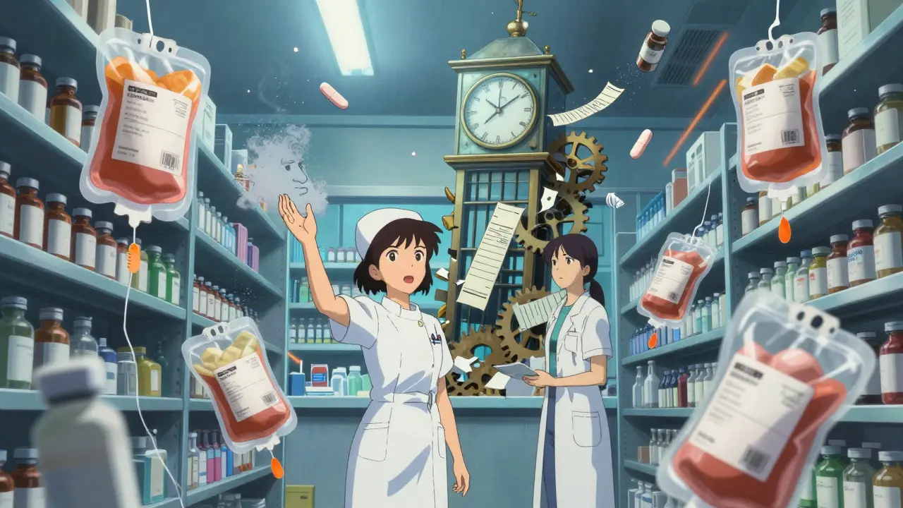 A nurse and pharmacist reach for crumbling vials in a chaotic pharmacy, as ghostly patient faces whisper and a pill bottle clocktower collapses.