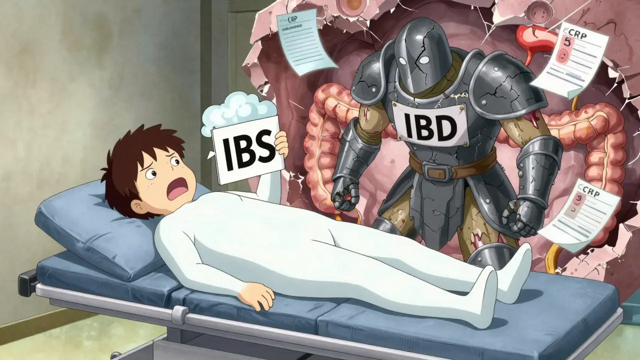 A patient with two ghostly representations: one for IBS as a wobbly cartoon, the other for IBD as a wounded warrior amid lab results.