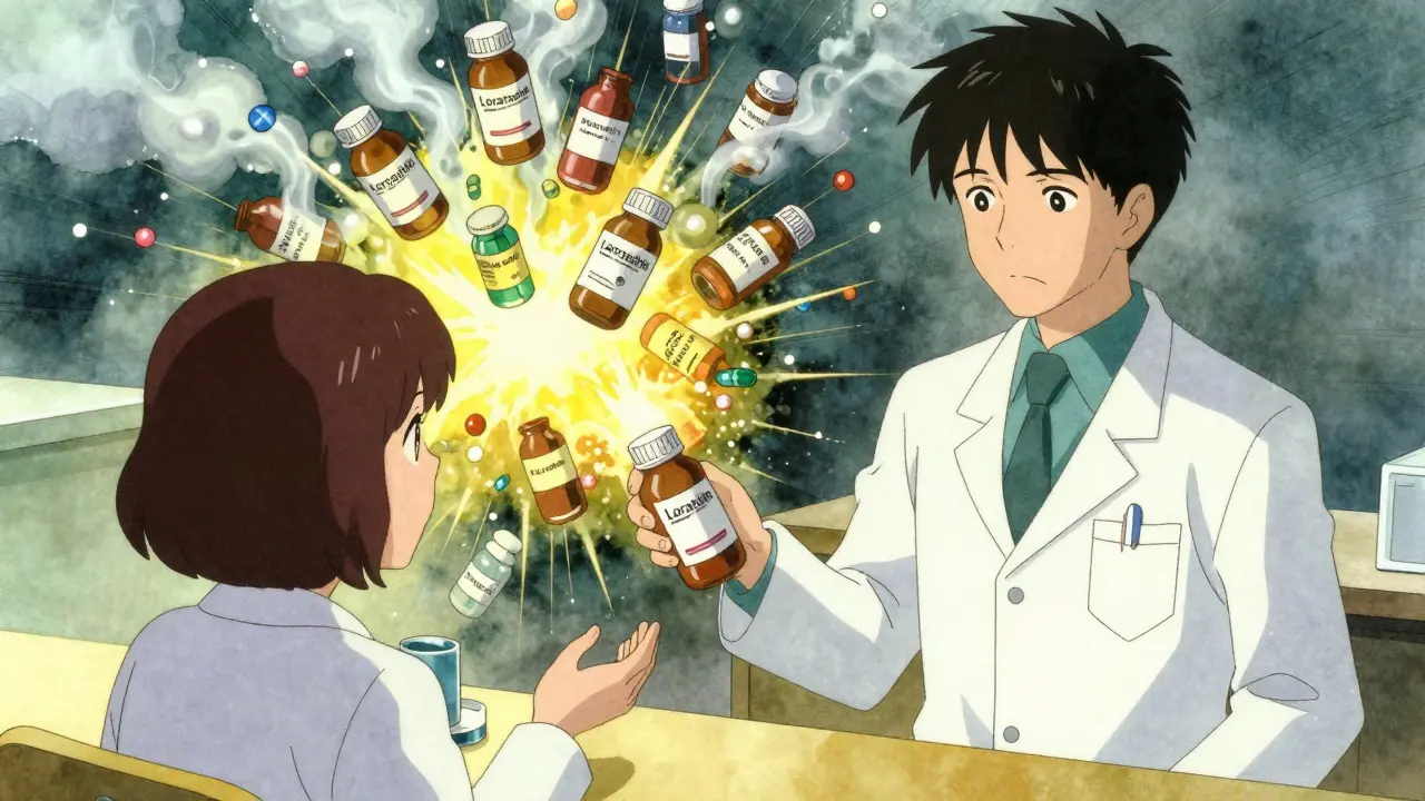 A pharmacist offers a single antihistamine while dangerous pill combinations explode in the background.