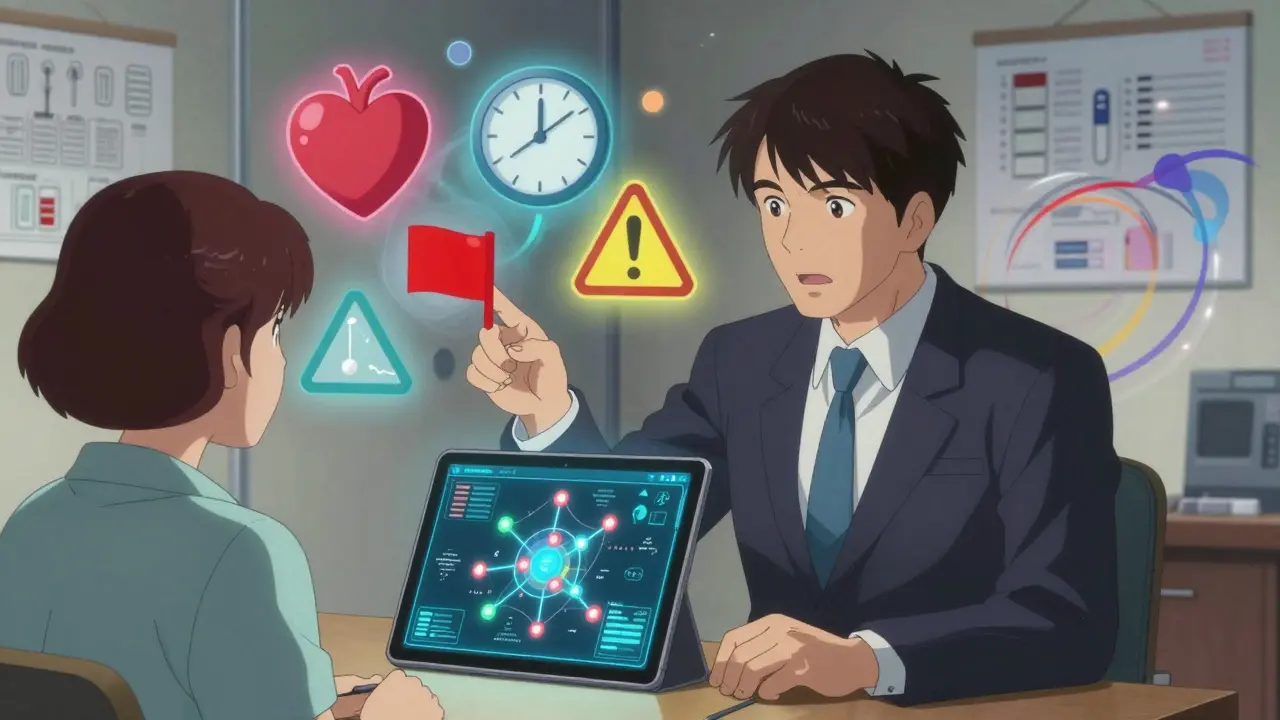 A professional advocate and patient view a digital drug-interaction map during a telehealth appointment.