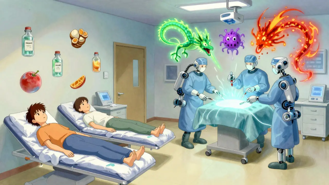 A surreal clinic scene where IBS patients float calmly with calming elements, while IBD patients are lifted by robotic surgeons amid glowing biologic dragons.