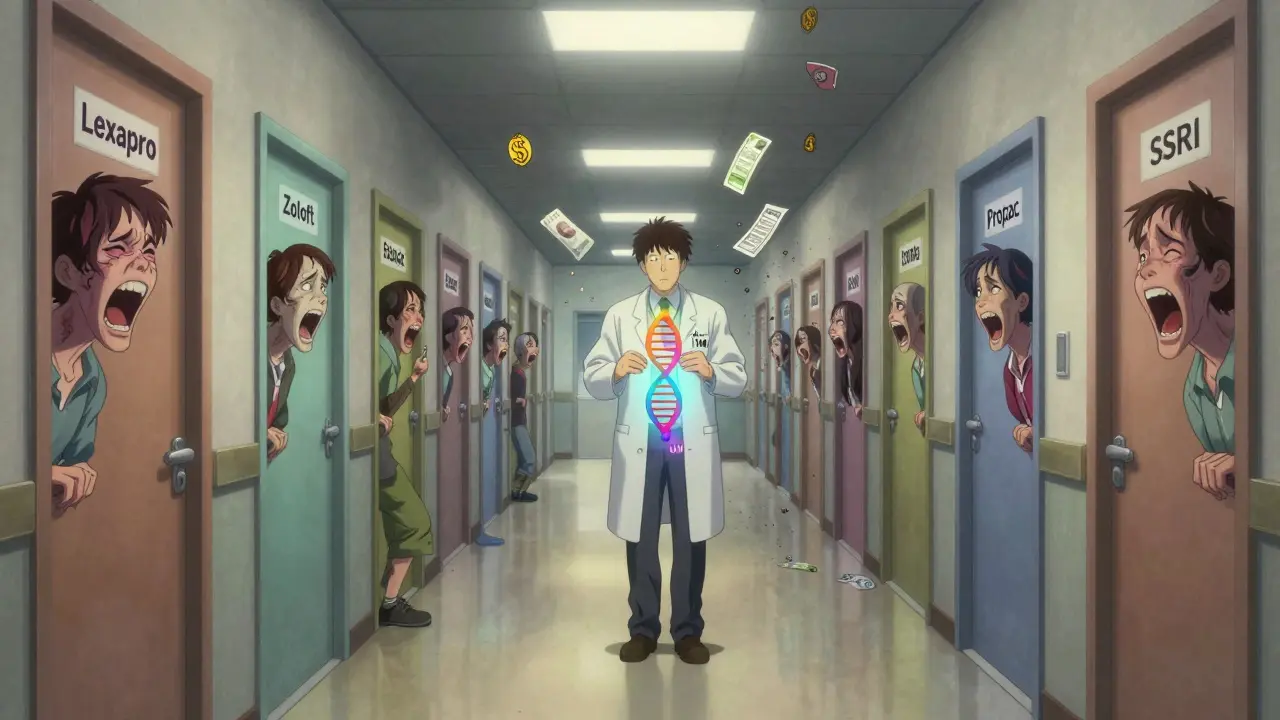 A surreal hallway of morphing SSRI doors, with a DNA helix guiding a patient toward better treatment options.