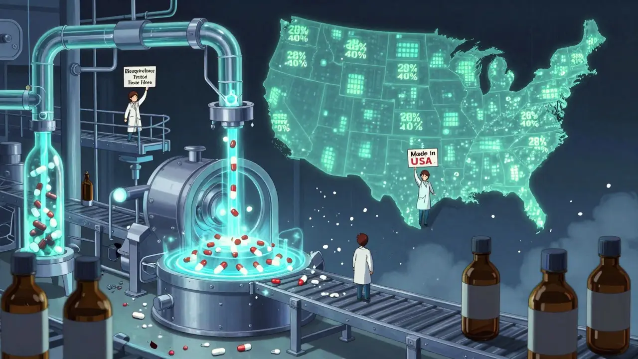 A U.S. manufacturing facility glows with American-made drug components flowing through crystalline pipelines under neon progress bars.