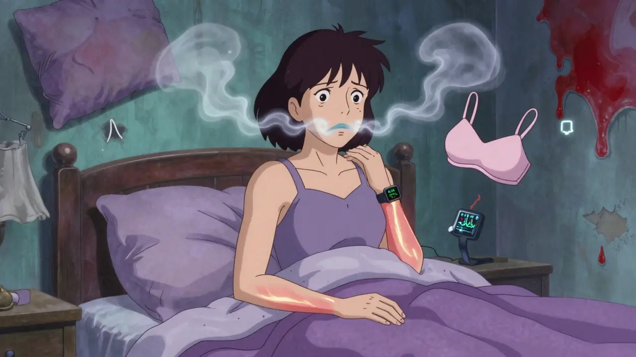 A woman in bed with ghostly breath and pain lines in her jaw and arm, while a smartwatch shows an erratic EKG pattern.