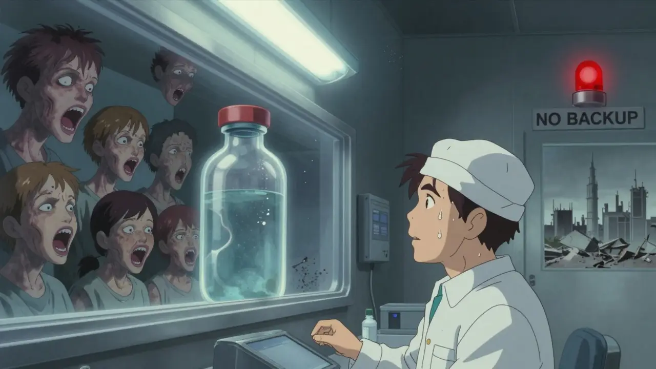 A worker in a cleanroom watches a dust speck drift toward a vial, patients' suffering reflected in the air.