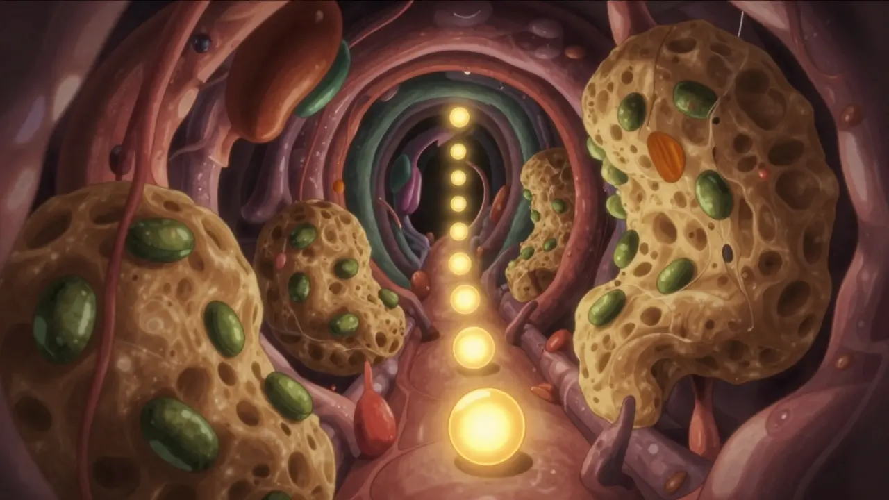 Abstract illustration of gut cells blocking medicine absorption