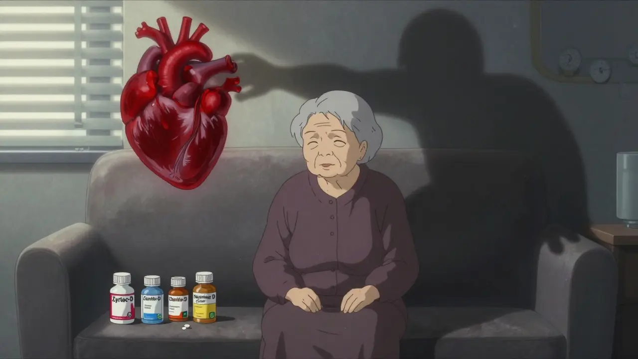 An elderly woman’s shadow transforms into a pounding heart with high blood pressure gauges.
