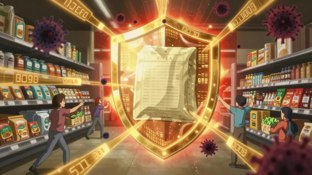 Digital safety shield protecting food batch from contamination particles