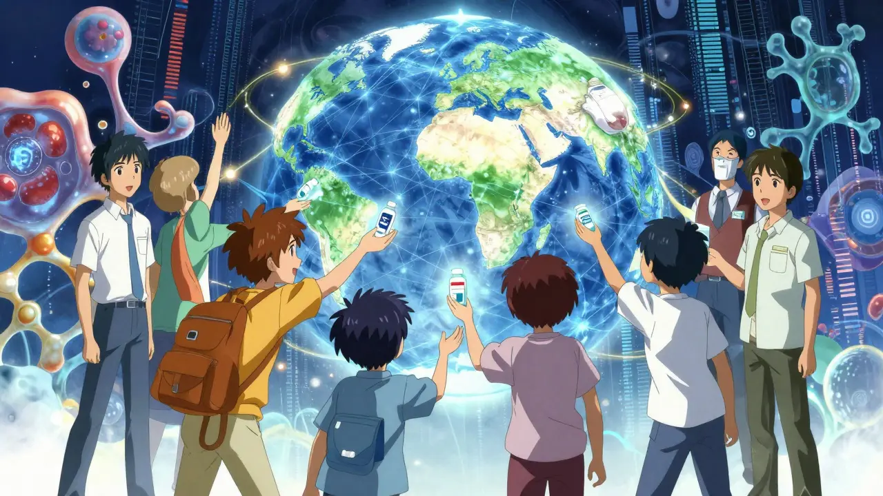 Diverse figures receiving glowing medical packages from a futuristic global network.