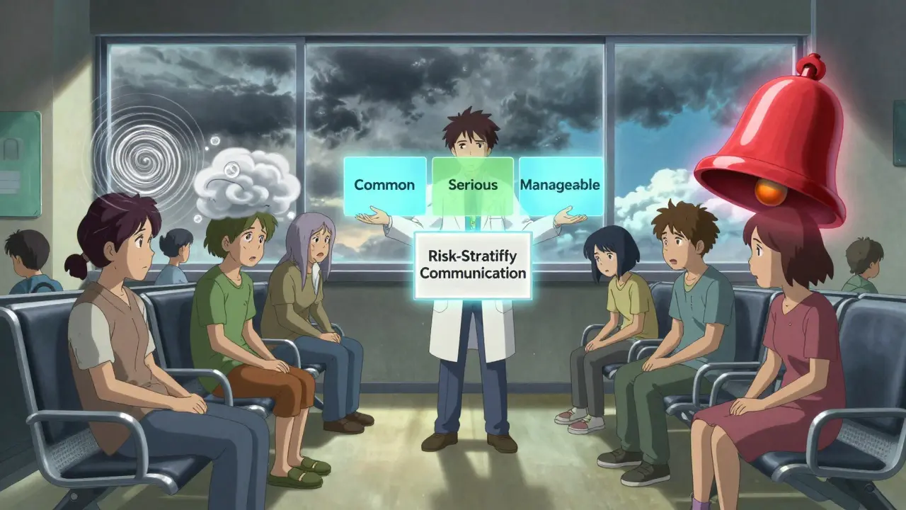 Diverse patients in waiting room with personal side effect auras, doctor holding a risk-stratified communication sign