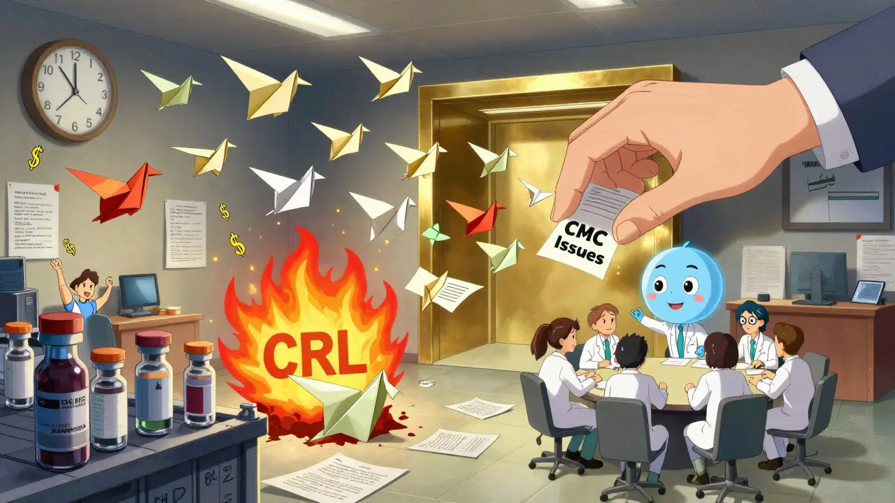 FDA review room filled with flying applications, some burning as CRLs, others soaring into approval, while scientists meet with a floating FDA avatar.